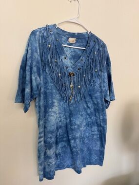 Blue Tie-Dye Fringe V-Neck Top